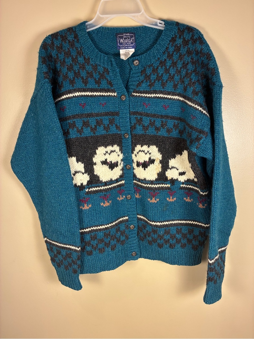VTG Woolrich 100% Pure Wool Sheep Theme Button Front Cardigan Sweater